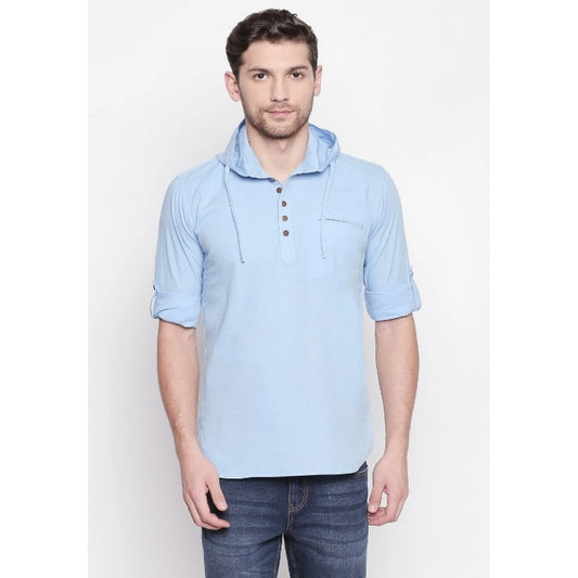 Generic Men's Cotton Casual Short Cross Kurta Shirt (Material: Cotton, (Color:Light Blue)