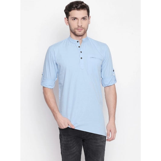 Generic Men's Cotton Casual Short Cross Kurta Shirt (Material: Cotton, (Color:Light Blue)