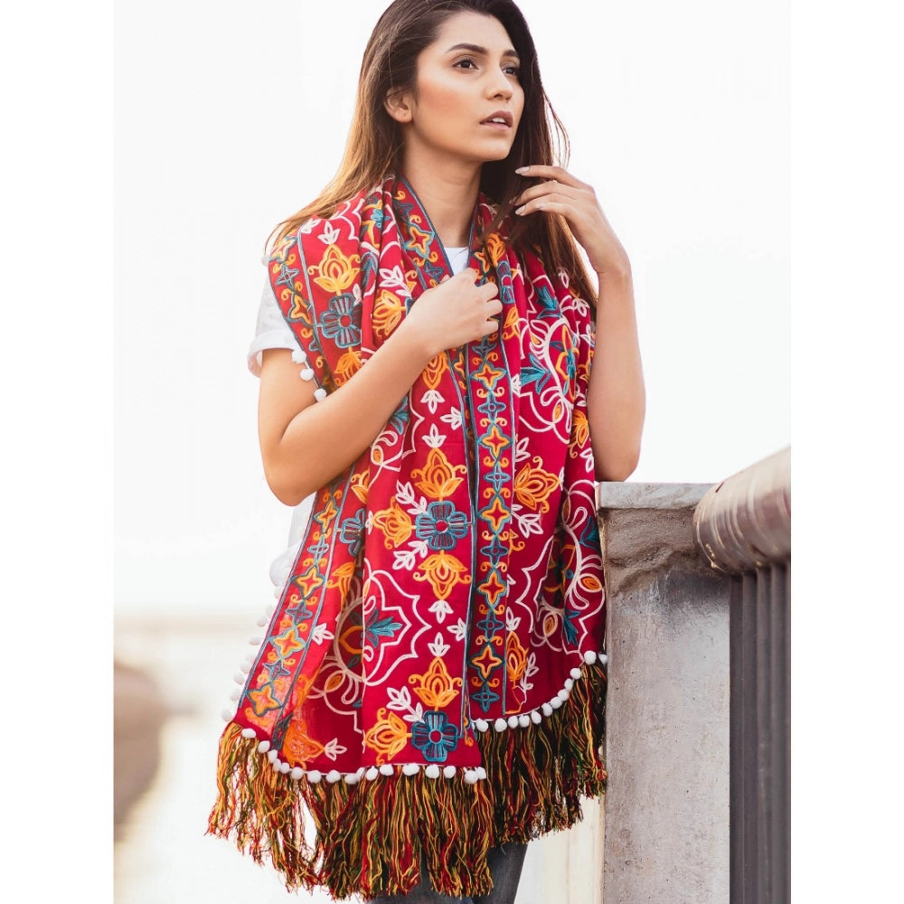 Generic Women's Cotton Embroidered Muffler (Red, Length: 0.5 to 1 Mtr)