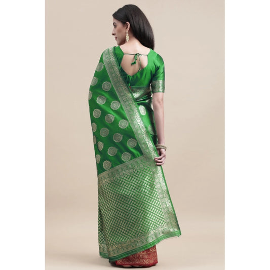 Generic Women's Kanjivaram Silk Designer Weaving Saree With Unstitched Blouse (Green & Red, 5.50 Mtrs)