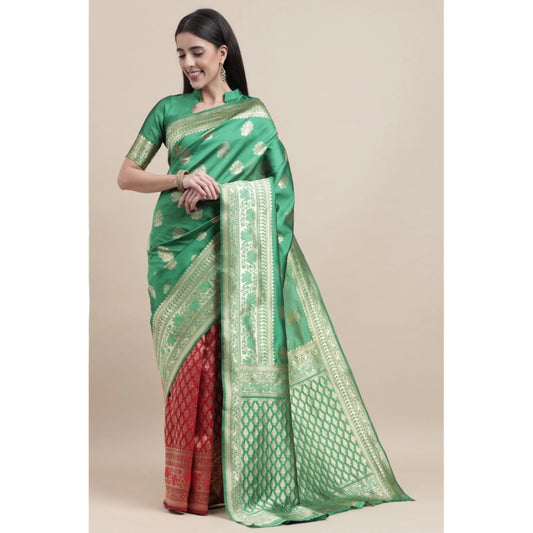 Generic Women's Kanjivaram Silk Designer Weaving Saree With Unstitched Blouse (Green & Red, 5.50 Mtrs)