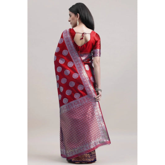 Generic Women's Kanjivaram Silk Designer Weaving Saree With Unstitched Blouse (Red & Blue, 5.50 Mtrs)