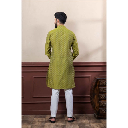 Generic Men's Casual Cotton Printed Full Sleeve Kurta Pyjama Set (Mahendi)