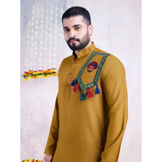 Generic Men's Rayon Mirror Embroidery Mandarin Collar Kurta (Yellow)