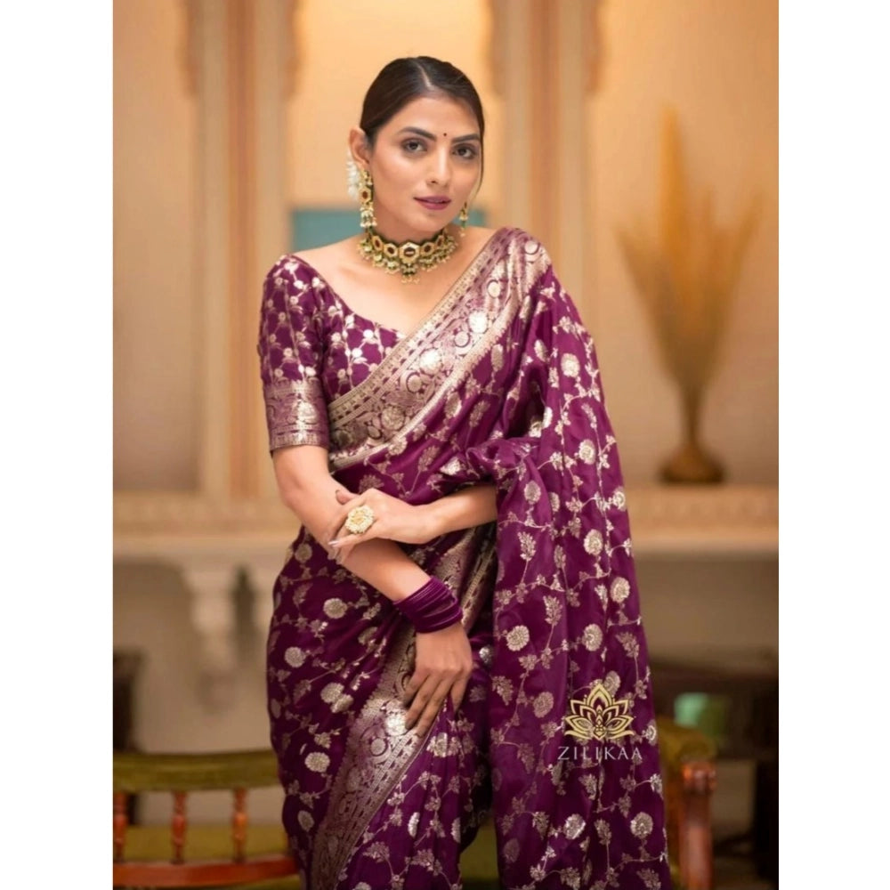 Generic Women's Silk Woven Kanjivaram Saree With Unstitched Blouse (5.5Mtr, Dark Purple)