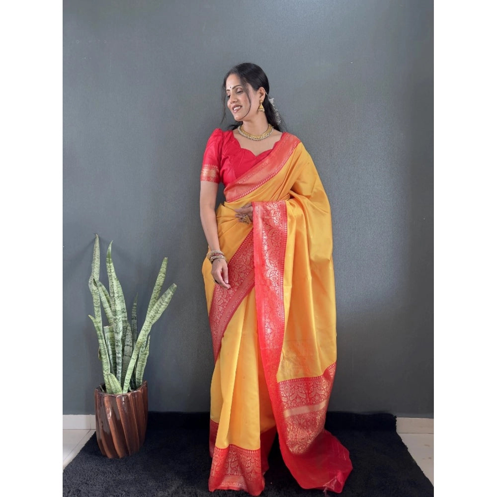 Generic Women's Silk Blend Woven Kanjivaram Saree With Unstitched Blouse (5.5Mtr, Yellow Red)