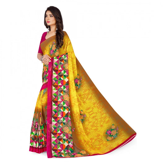 Generic Women's Faux Georgette Printed Saree With Unstitched Blouse 5.5Mtr (Yellow)