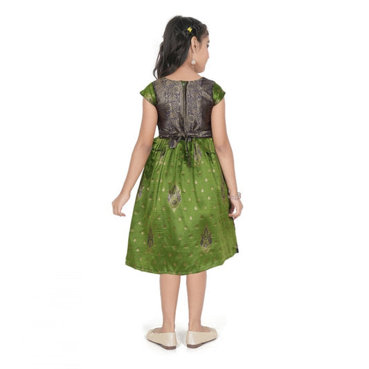 Generic Girl's Brocket Printed Short Sleeve Round Neck Dress (Green)