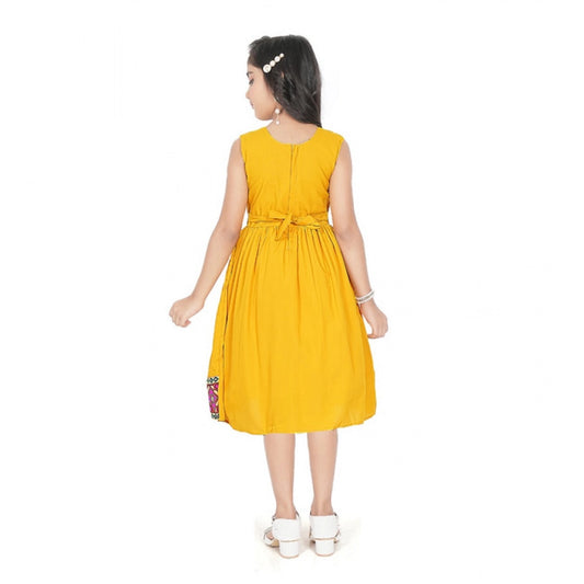 Generic Girl's Shiffon Printed Sleeve Less Round Neck Dress (Mustard Yellow)