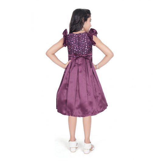 Generic Girl's Satin Printed Sleeve Less Round Neck Dress (Purple)