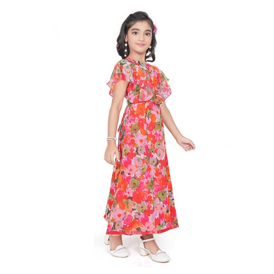 Generic Girl's Shiffon Printed Short Sleeve Round Neck Dress (Multicolor)