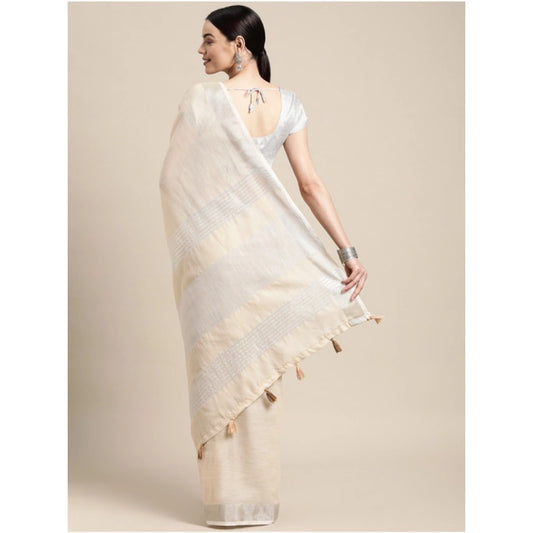 Generic Women's Linen Cotton Printed Saree With Unstitched Blouse 5.5Mtr (Cream)