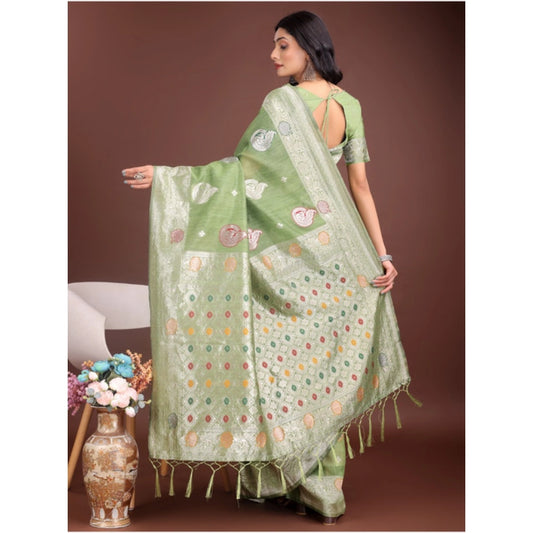 Generic Women's Linen Cotton Printed Saree With Unstitched Blouse 5.5Mtr (Light Green)
