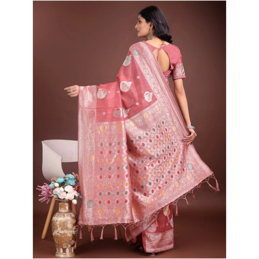 Generic Women's Linen Cotton Printed Saree With Unstitched Blouse 5.5Mtr (Pink)