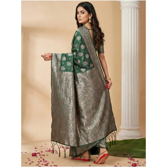 Generic Women's Silk Blend Printed Saree With Unstitched Blouse 5.5Mtr (Dark Green)