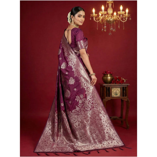 Generic Women's Silk Blend Printed Saree With Unstitched Blouse 5.5Mtr (Purple)