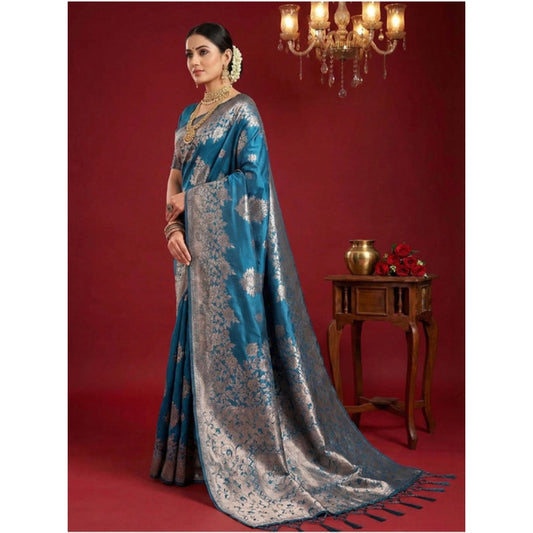 Generic Women's Silk Blend Printed Saree With Unstitched Blouse 5.5Mtr (Teal Blue)