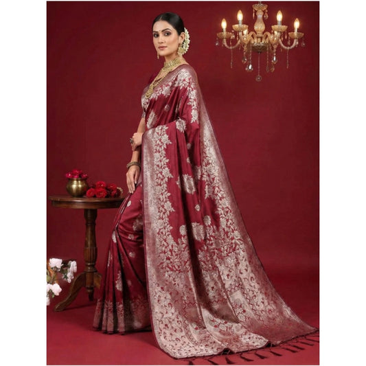 Generic Women's Silk Blend Printed Saree With Unstitched Blouse 5.5Mtr (Maroon)
