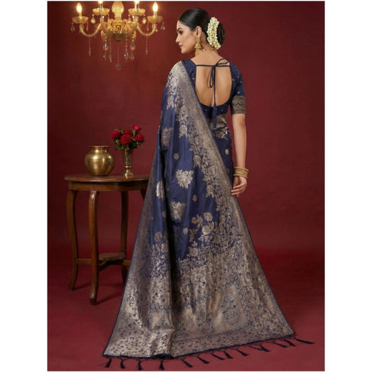 Generic Women's Silk Blend Printed Saree With Unstitched Blouse 5.5Mtr (Navy Blue)
