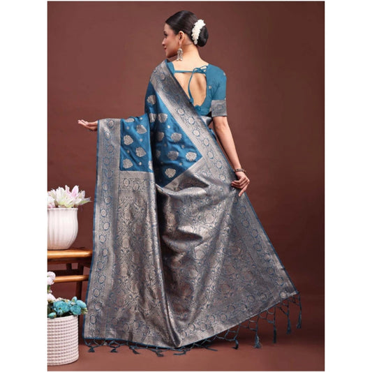 Generic Women's Banarasi Silk Printed Saree With Unstitched Blouse 5.5Mtr (Teal Blue)