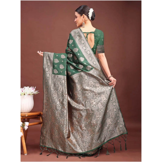 Generic Women's Banarasi Silk Printed Saree With Unstitched Blouse 5.5Mtr (Dark Green)