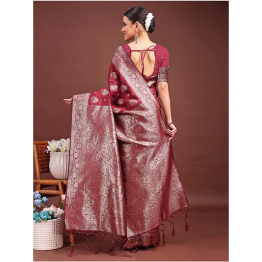 Generic Women's Banarasi Silk Printed Saree With Unstitched Blouse 5.5Mtr (Maroon)