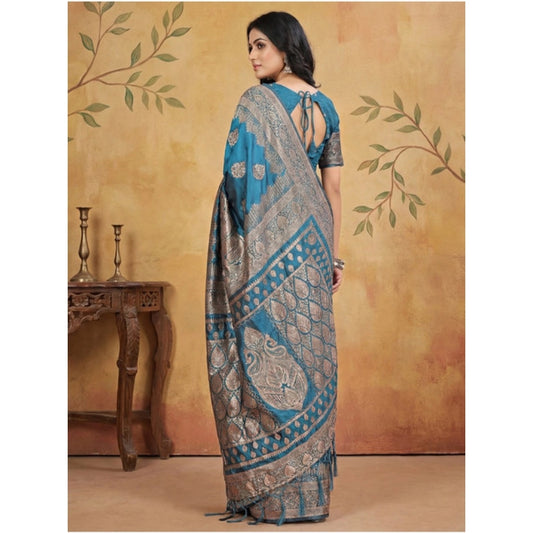 Generic Women's Silk Blend Printed Saree With Unstitched Blouse 5.5Mtr (Teal)