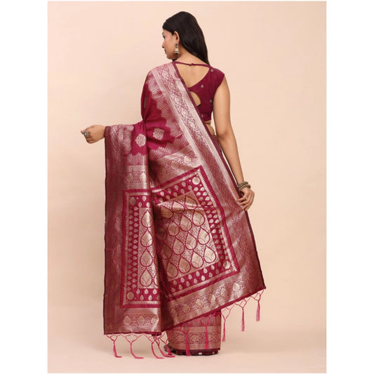 Generic Women's Banarasi Silk Printed Saree With Unstitched Blouse 5.5Mtr (Magenta)