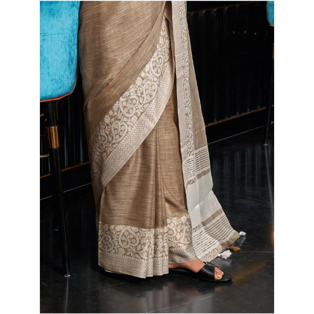 Generic Women's Linen Printed Saree With Unstitched Blouse 5.5Mtr (Beige)