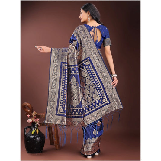 Generic Women's Silk Printed Saree With Unstitched Blouse 5.5Mtr (Navy Blue)