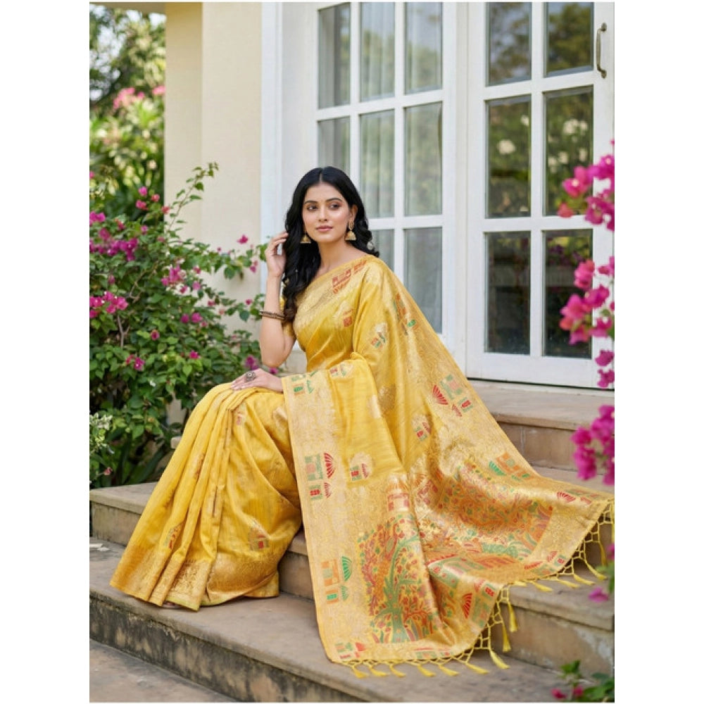 Generic Women's Linen Cotton Printed Saree With Unstitched Blouse 5.5Mtr (Yellow)