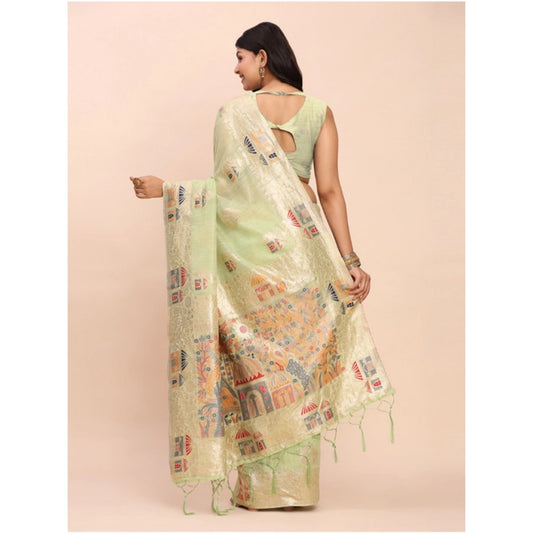 Generic Women's Linen Cotton Printed Saree With Unstitched Blouse 5.5Mtr (Light Green)