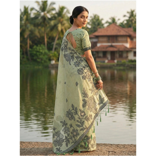 Generic Women's Linen Cotton Printed Saree With Unstitched Blouse 5.5Mtr (Light Green)