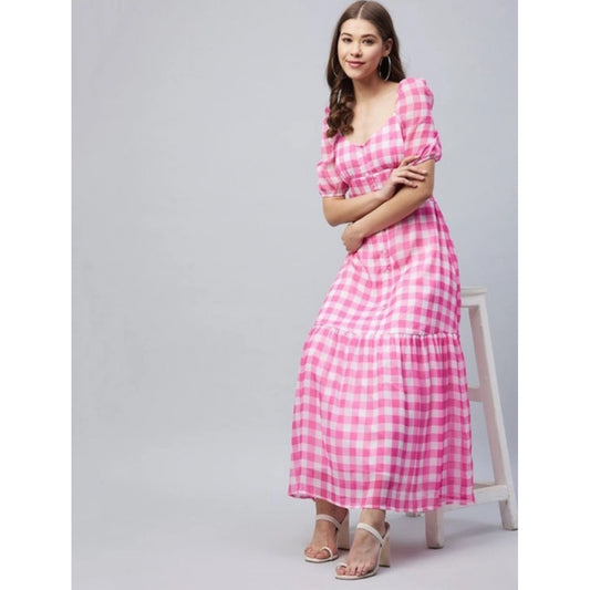 Generic Women's Polyester Georgette Checkered Half Sleeve Dress (Pink)