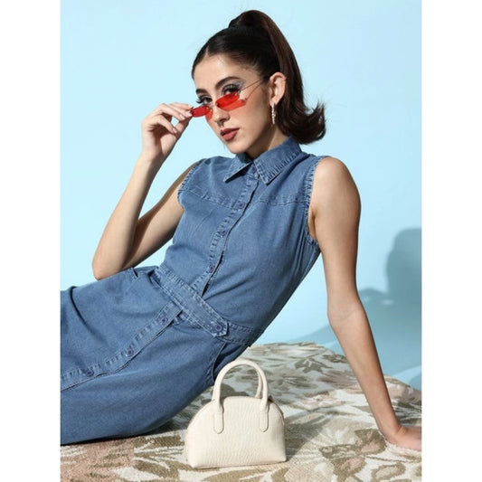 Generic Women's Denim Solid Sleeveless Dress (Blue)