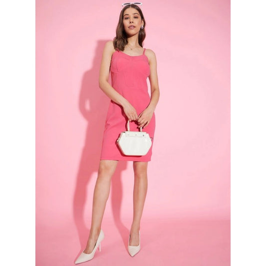 Generic Women's Polyester Lycra Solid Shoulder Straps Dress (Pink)