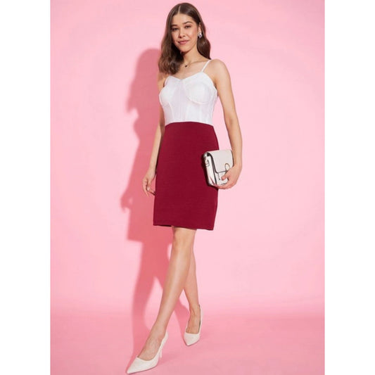 Generic Women's Polyester Lycra Color Blocking Shoulder Straps Dress (White - Maroon)