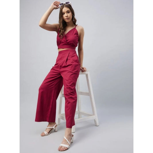 Generic Women's Cotton Linen Solid Sleeveless Crop Top and Palazzo Set (Maroon)