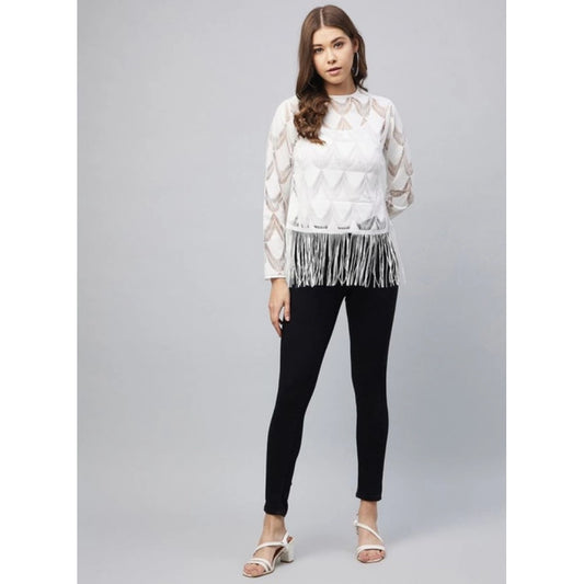 Generic Women's Lace Self Design Short Sleeve Top (White)