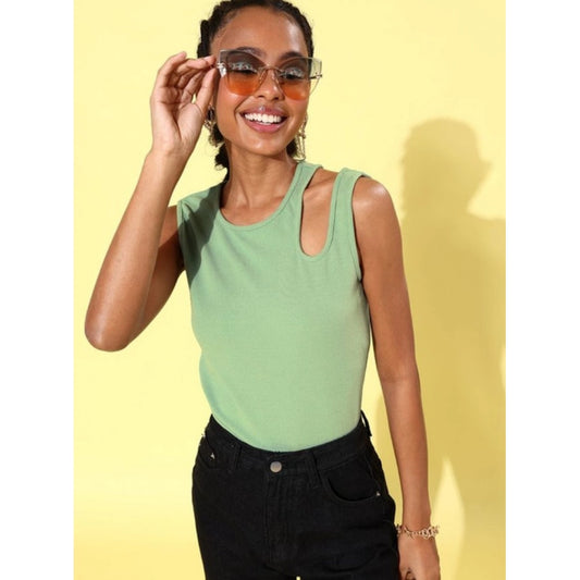 Generic Women's Polyester Lycra Solid Sleeveless Top (Green)