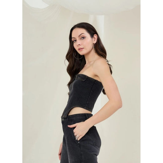 Generic Women's Denim Lycra Solid Sleeveless Top (Black)