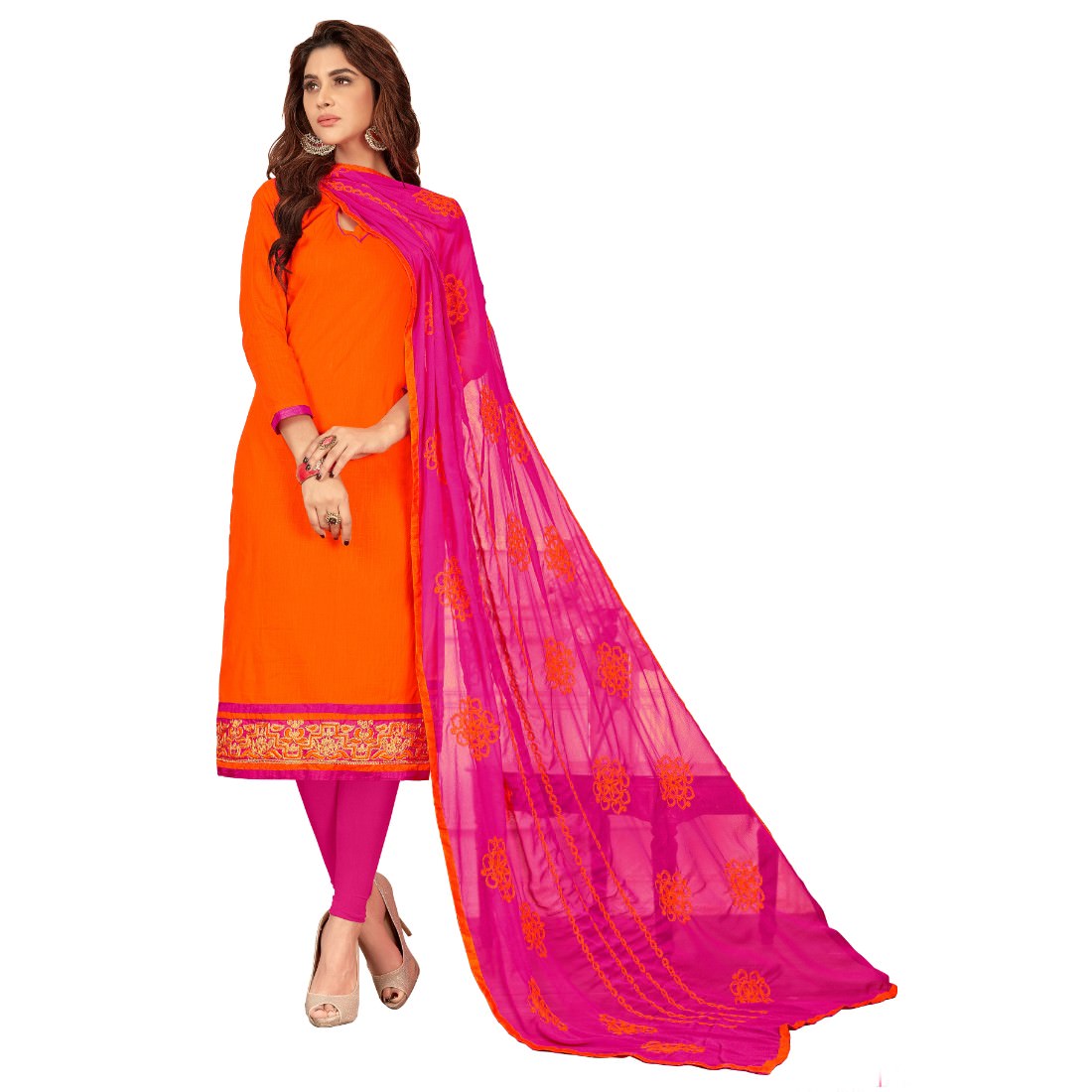Slub Cotton Fabric Orange Color Unstitched Salwar-Suit Material With Dupatta