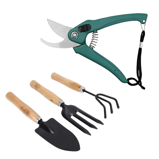 #1 Gardening Tool Set 4 Pcs – Pruner Shears, Hand Cultivator, Trowel & Fork with Wooden Handle for Planting, Weeding, Pruning & Soil Maintenance, Farming Equipment & Essential Garden Kit