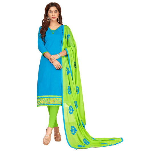 Slub Cotton Fabric Sky Blue Color Unstitched Salwar-Suit Material With Dupatta