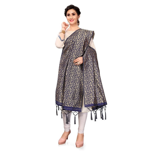 Generic Women's Silk Pure weaving Work Duppatta (Navy Blue, Length: 2-2.3 Mtrs)