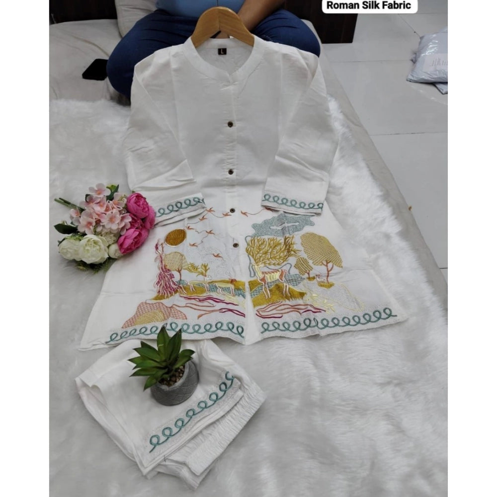Generic Women's Silk Embroidered 3/4th Sleeve Collar Neck Co-Ord Set (White)