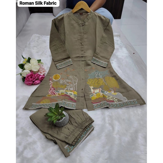 Generic Women's Silk Embroidered 3/4th Sleeve Collar Neck Co-Ord Set (Grey)