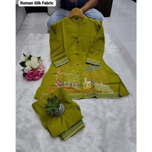 Generic Women's Silk Embroidered 3/4th Sleeve Collar Neck Co-Ord Set (Green)