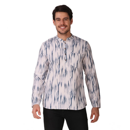 Generic Men's Cotton Rayon Digital Printed Mandarin Collar Short Kurta (Blue)