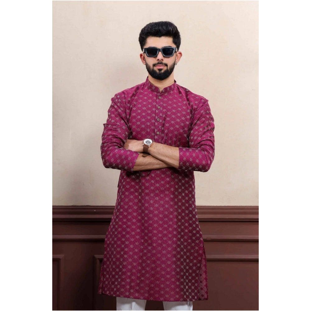 Generic Men's Casual Cotton Printed Full Sleeve Kurta Pyjama Set (Purple)